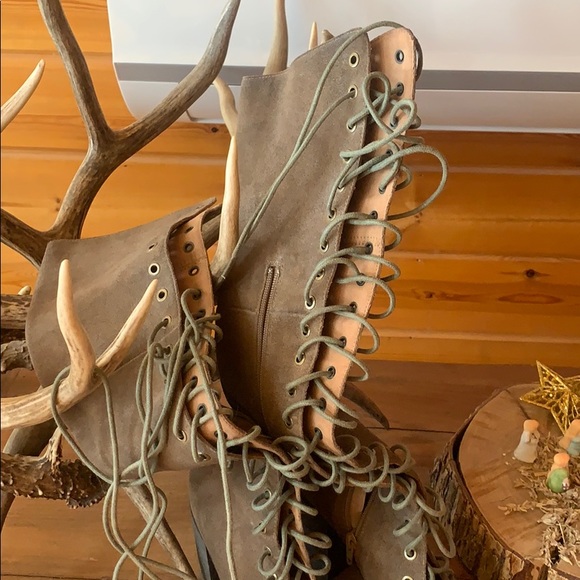 Taupe Suede lace up high boot. - Picture 3 of 3